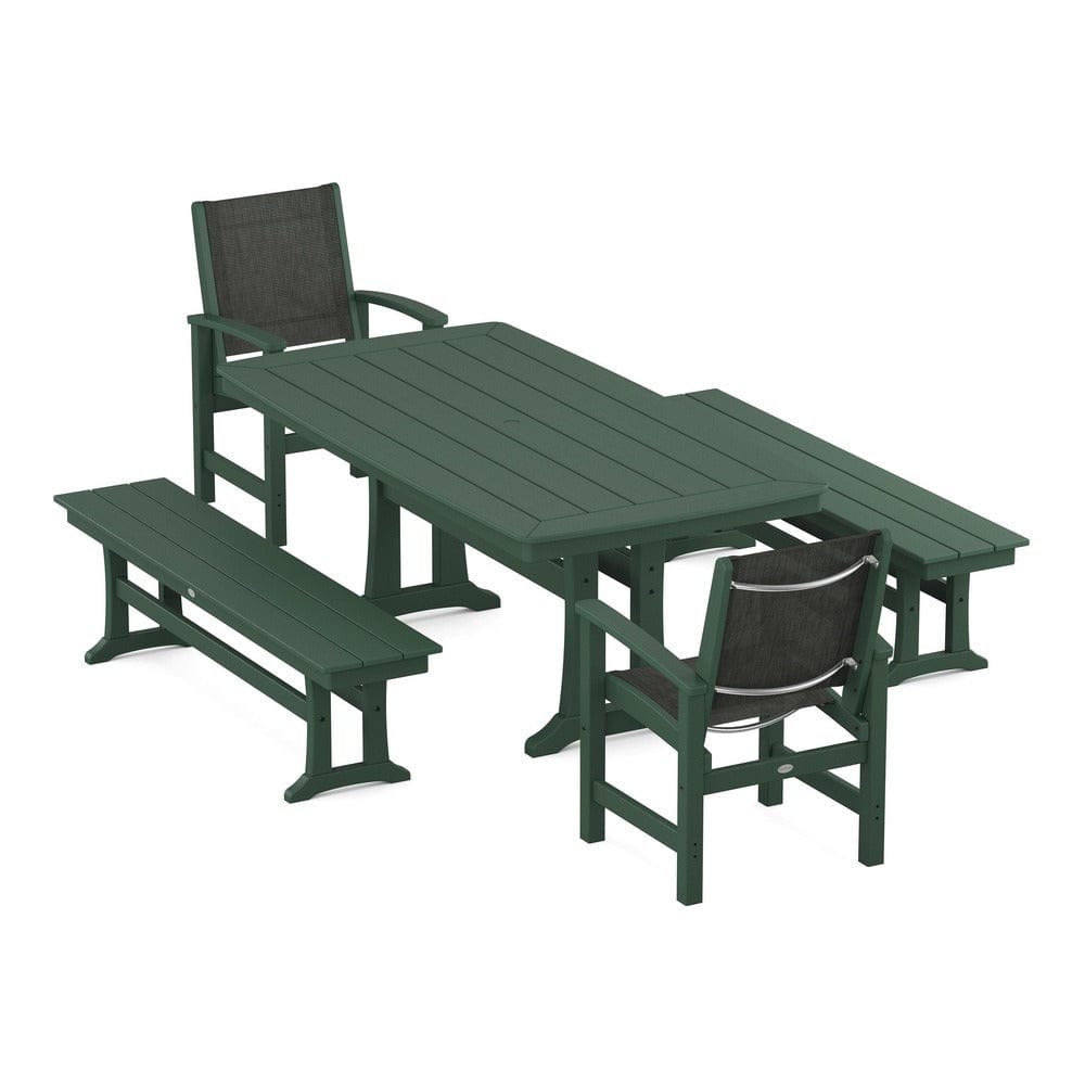 POLYWOOD® Outdoor Furniture Green / Ember Sling POLYWOOD® - Coastal 5-Piece Dining Set with Trestle Legs and Benches - PWS1036