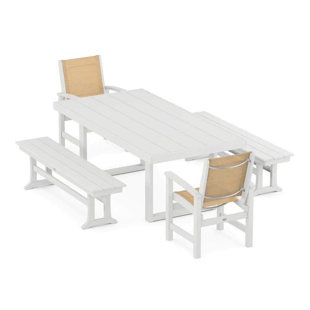 POLYWOOD® Outdoor Furniture White / Dupioni Apricot Sling POLYWOOD® - Coastal 5-Piece Dining Set with Trestle Legs - PWS870