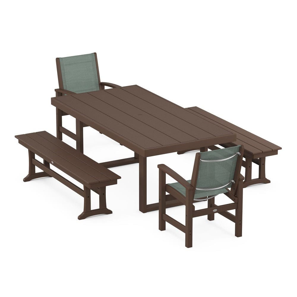 POLYWOOD® Outdoor Furniture Mahogany / Dupioni Sea Mist Sling POLYWOOD® - Coastal 5-Piece Dining Set with Trestle Legs - PWS870