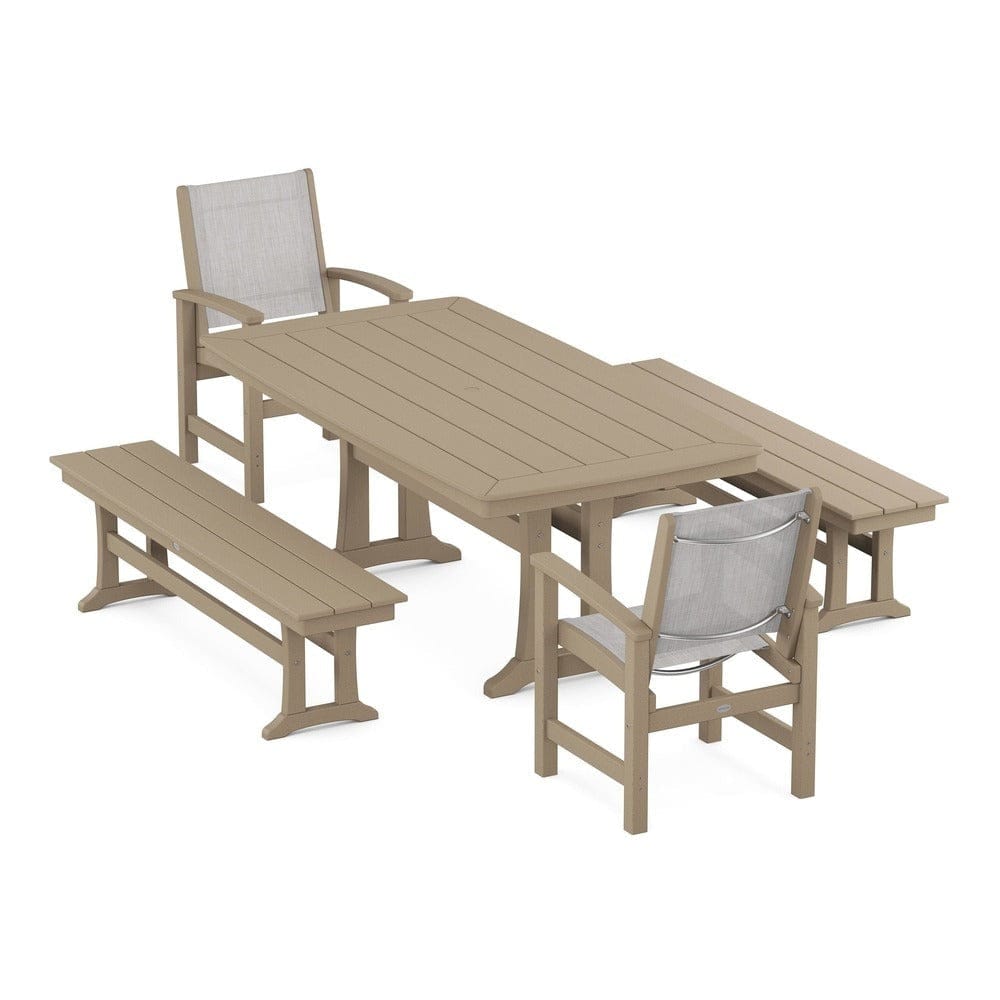 POLYWOOD® Outdoor Furniture Vintage Sahara / Parchment Sling POLYWOOD® - Coastal 5-Piece Dining Set with Trestle Legs and Benches - PWS1036