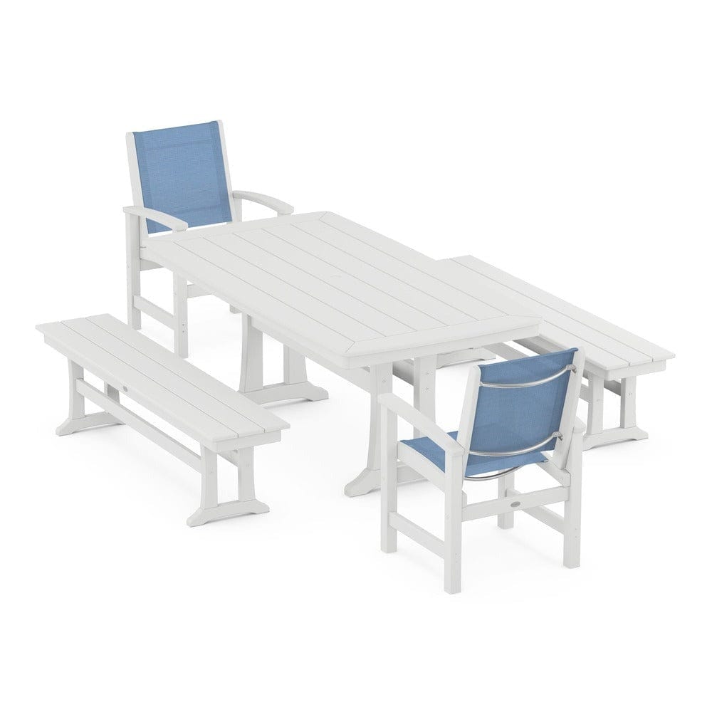 POLYWOOD® Outdoor Furniture White / Poolside Sling POLYWOOD® - Coastal 5-Piece Dining Set with Trestle Legs and Benches - PWS1036