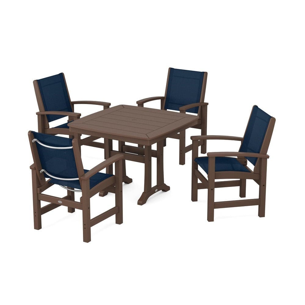 POLYWOOD® Outdoor Furniture Mahogany / Navy Blue Sling POLYWOOD® - Coastal 5-Piece Dining Set with Trestle Legs - PWS966
