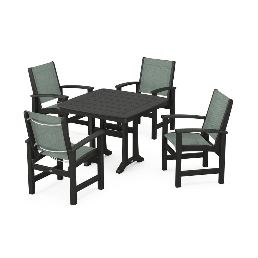POLYWOOD® Outdoor Furniture Black / Dupioni Sea Mist Sling POLYWOOD® - Coastal 5-Piece Dining Set with Trestle Legs - PWS966