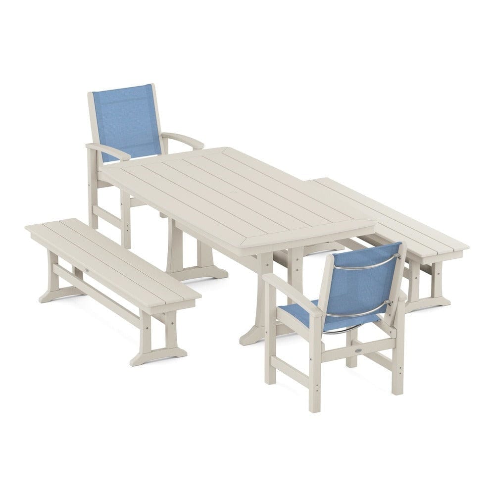 POLYWOOD® Outdoor Furniture Sand / Poolside Sling POLYWOOD® - Coastal 5-Piece Dining Set with Trestle Legs and Benches - PWS1036