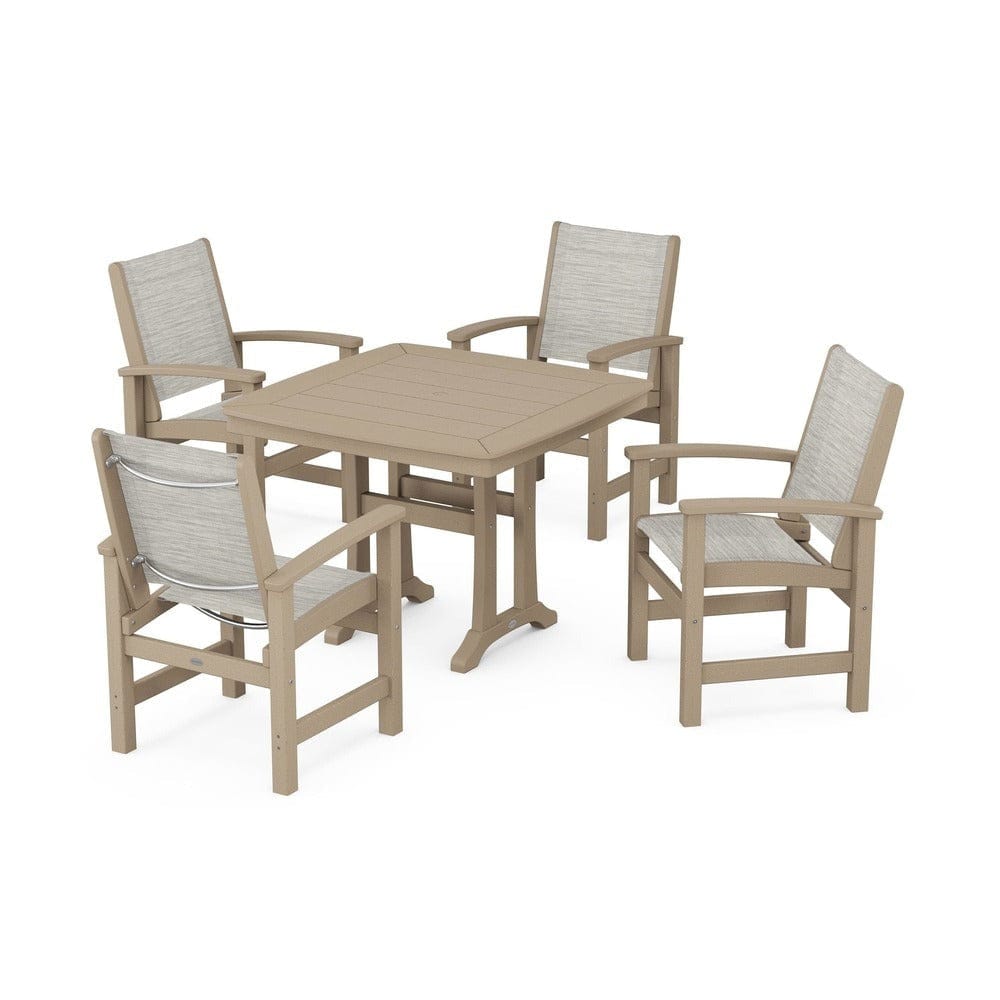 POLYWOOD® Outdoor Furniture Vintage Sahara / Birch Sling POLYWOOD® - Coastal 5-Piece Dining Set with Trestle Legs - PWS966