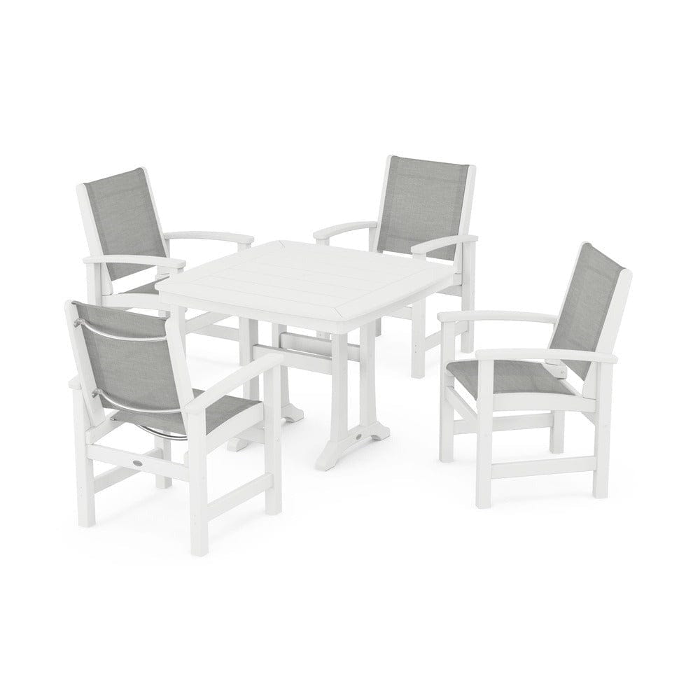 POLYWOOD® Outdoor Furniture White / Metallic Sling POLYWOOD® - Coastal 5-Piece Dining Set with Trestle Legs - PWS966