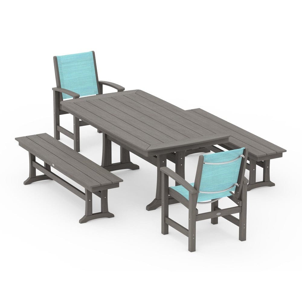 POLYWOOD® Outdoor Furniture POLYWOOD® - Coastal 5-Piece Dining Set with Trestle Legs and Benches - PWS1036