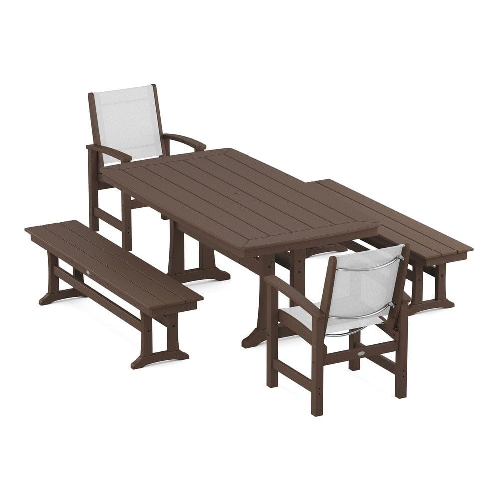 POLYWOOD® Outdoor Furniture Mahogany / White Sling POLYWOOD® - Coastal 5-Piece Dining Set with Trestle Legs and Benches - PWS1036