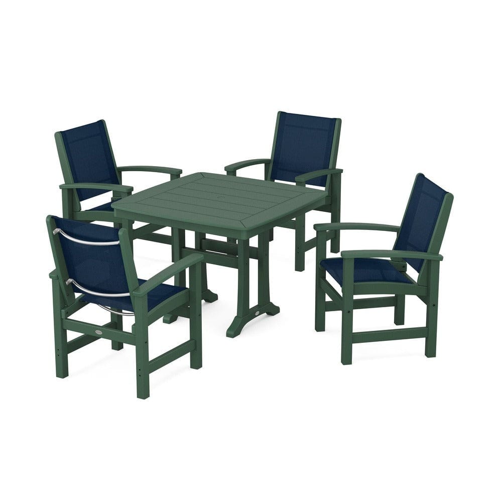 POLYWOOD® Outdoor Furniture Green / Navy Blue Sling POLYWOOD® - Coastal 5-Piece Dining Set with Trestle Legs - PWS966