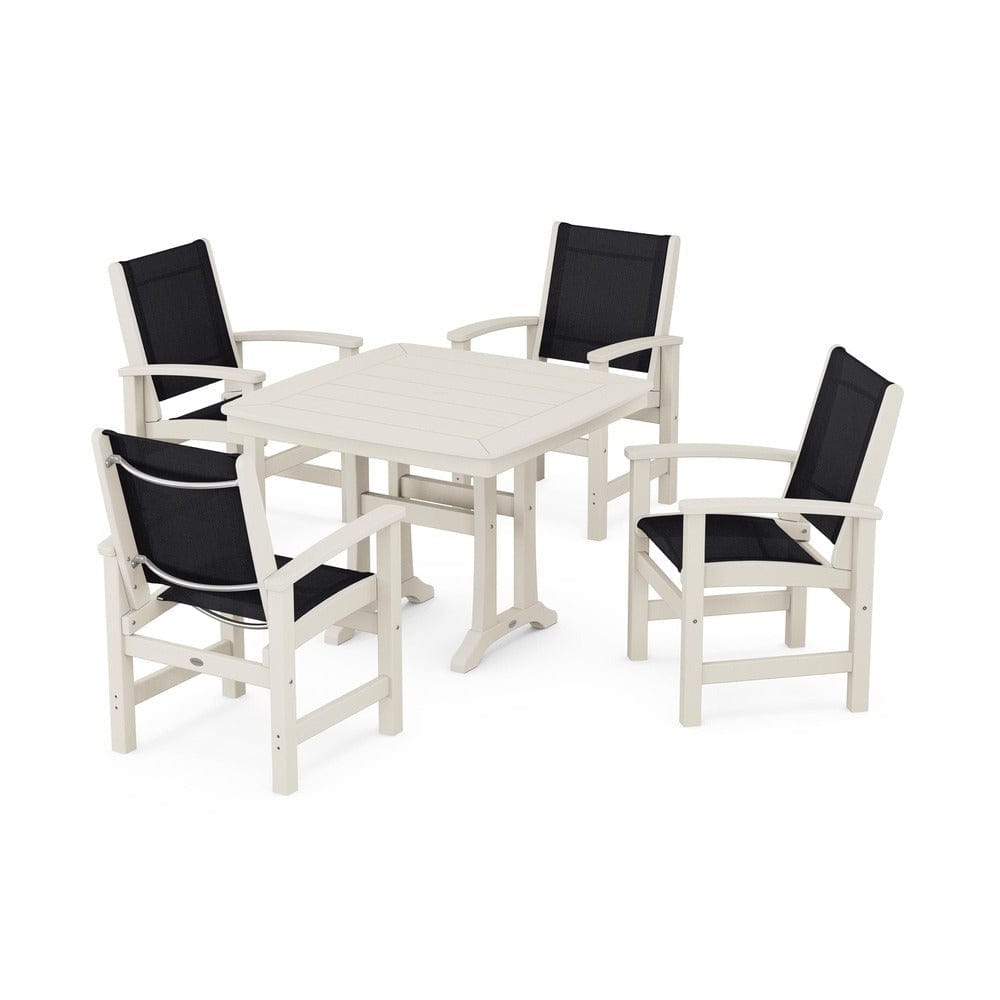 POLYWOOD® Outdoor Furniture Sand / Black Sling POLYWOOD® - Coastal 5-Piece Dining Set with Trestle Legs - PWS966