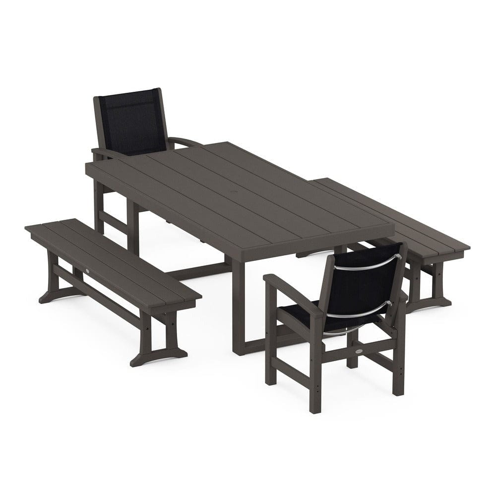 POLYWOOD® Outdoor Furniture Vintage Coffee / Black Sling POLYWOOD® - Coastal 5-Piece Dining Set with Trestle Legs - PWS870