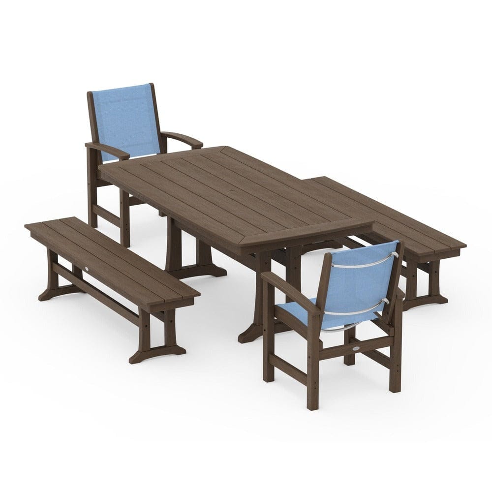 POLYWOOD® Outdoor Furniture POLYWOOD® - Coastal 5-Piece Dining Set with Trestle Legs and Benches - PWS1036