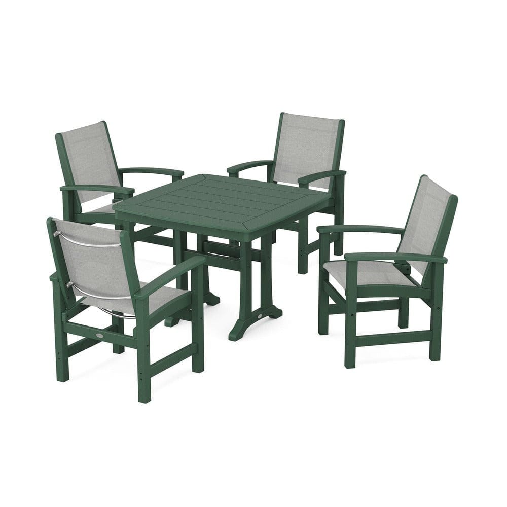 POLYWOOD® Outdoor Furniture Green / Metallic Sling POLYWOOD® - Coastal 5-Piece Dining Set with Trestle Legs - PWS966