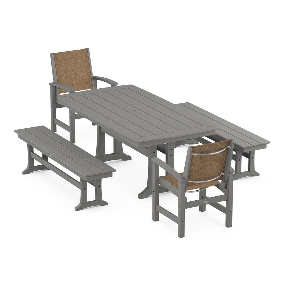 POLYWOOD® Outdoor Furniture Slate Grey / Burlap Sling POLYWOOD® - Coastal 5-Piece Dining Set with Trestle Legs and Benches - PWS1036