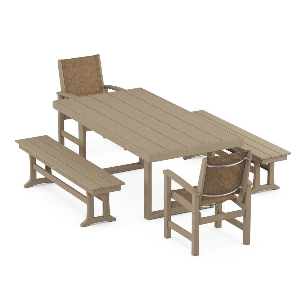 POLYWOOD® Outdoor Furniture Vintage Sahara / Burlap Sling POLYWOOD® - Coastal 5-Piece Dining Set with Trestle Legs - PWS870