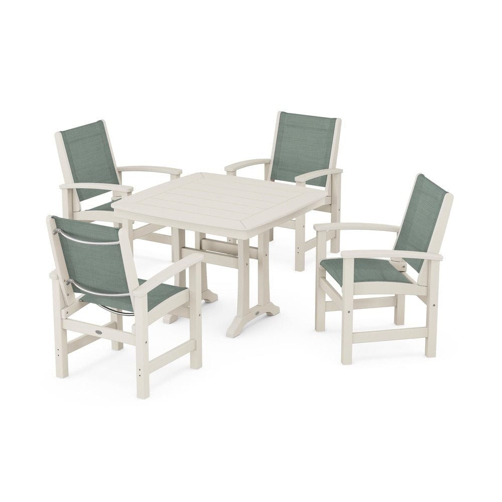 POLYWOOD® Outdoor Furniture Sand / Dupioni Sea Mist Sling POLYWOOD® - Coastal 5-Piece Dining Set with Trestle Legs - PWS966