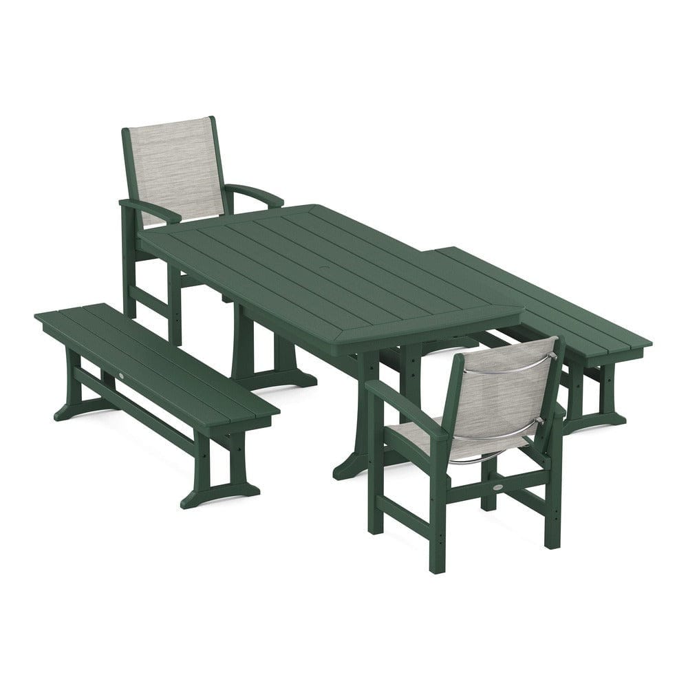 POLYWOOD® Outdoor Furniture Green / Birch Sling POLYWOOD® - Coastal 5-Piece Dining Set with Trestle Legs and Benches - PWS1036