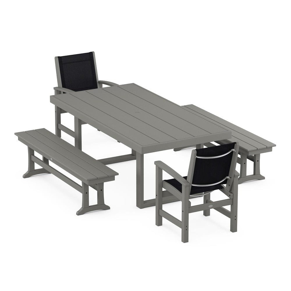 POLYWOOD® Outdoor Furniture Slate Grey / Black Sling POLYWOOD® - Coastal 5-Piece Dining Set with Trestle Legs - PWS870