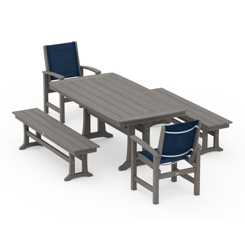 POLYWOOD® Outdoor Furniture POLYWOOD® - Coastal 5-Piece Dining Set with Trestle Legs and Benches - PWS1036