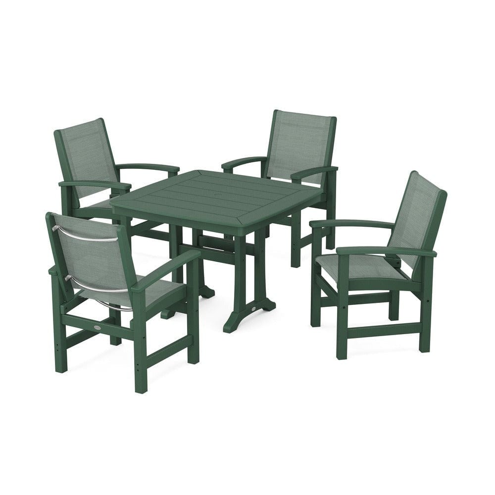POLYWOOD® Outdoor Furniture Green / Dupioni Sea Mist Sling POLYWOOD® - Coastal 5-Piece Dining Set with Trestle Legs - PWS966