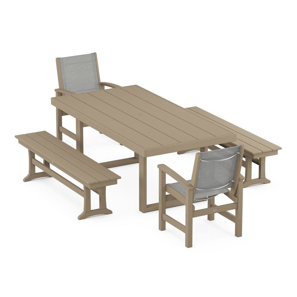 POLYWOOD® Outdoor Furniture Vintage Sahara / Metallic Sling POLYWOOD® - Coastal 5-Piece Dining Set with Trestle Legs - PWS870