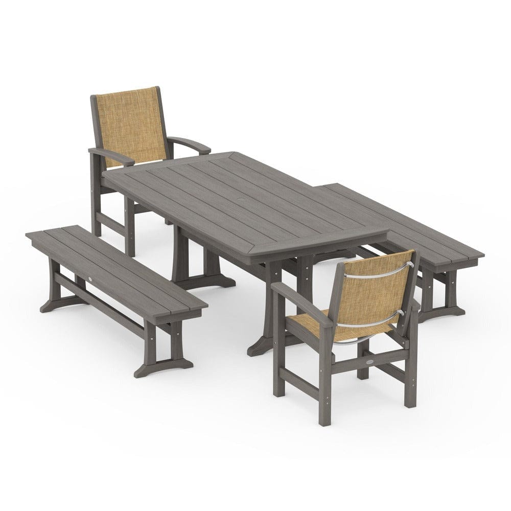 POLYWOOD® Outdoor Furniture POLYWOOD® - Coastal 5-Piece Dining Set with Trestle Legs and Benches - PWS1036