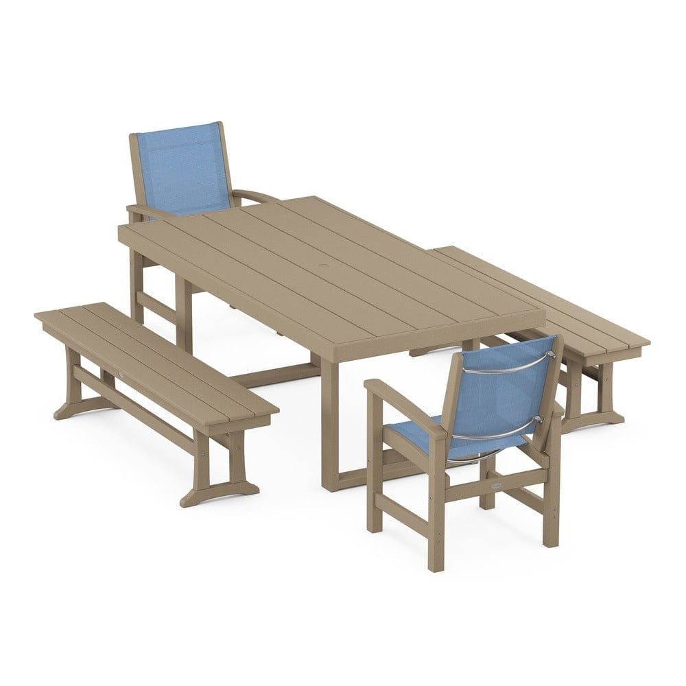 POLYWOOD® Outdoor Furniture Vintage Sahara / Poolside Sling POLYWOOD® - Coastal 5-Piece Dining Set with Trestle Legs - PWS870