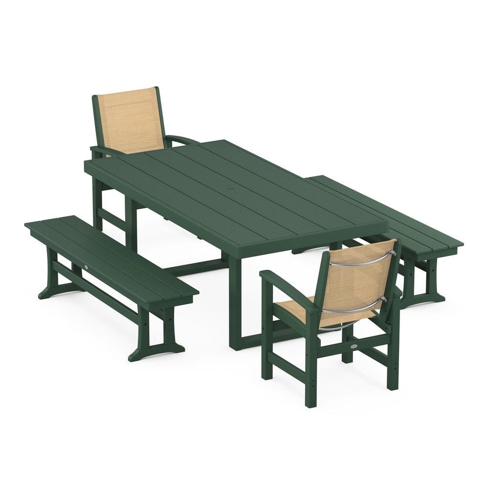 POLYWOOD® Outdoor Furniture Green / Dupioni Apricot Sling POLYWOOD® - Coastal 5-Piece Dining Set with Trestle Legs - PWS870