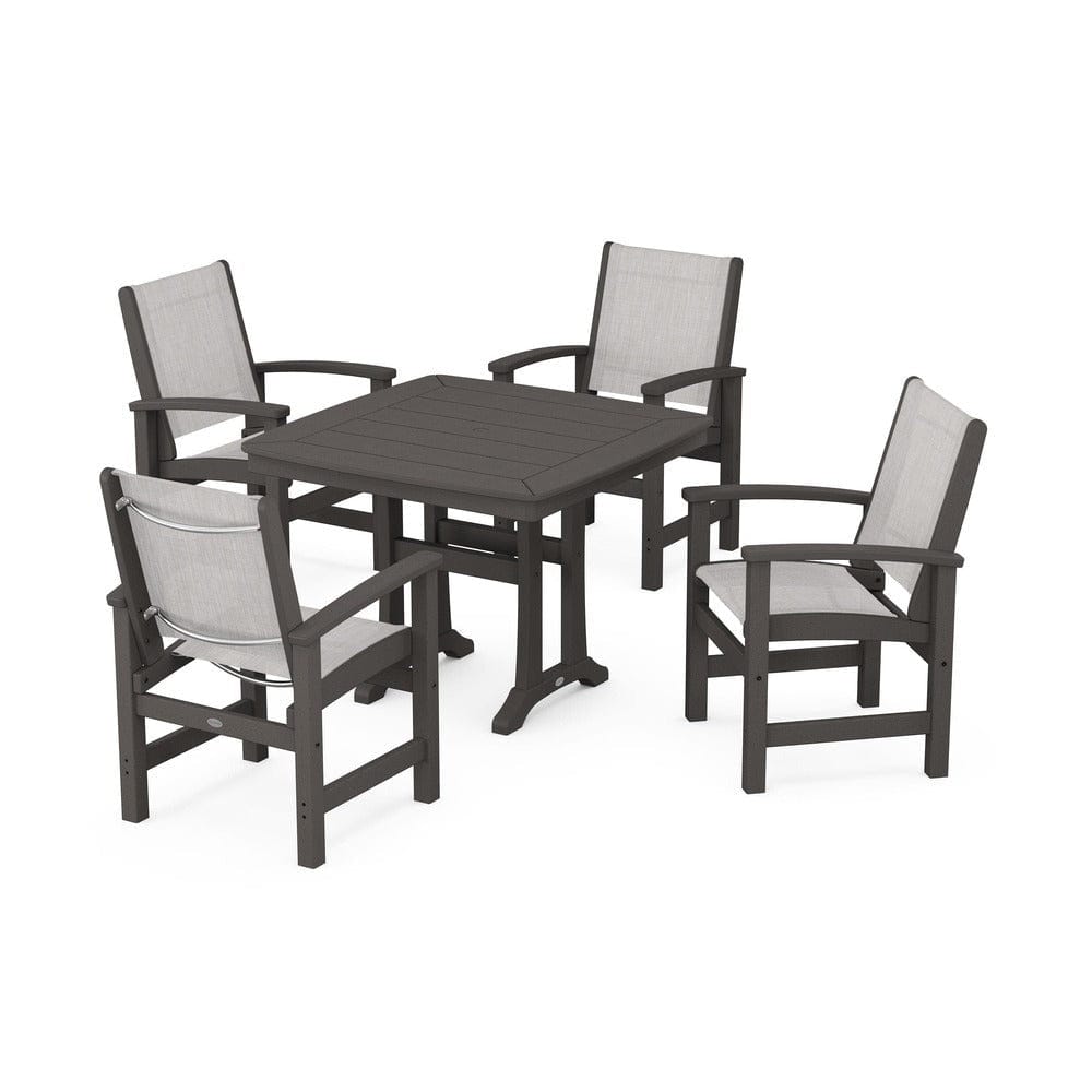POLYWOOD® Outdoor Furniture Vintage Coffee / Parchment Sling POLYWOOD® - Coastal 5-Piece Dining Set with Trestle Legs - PWS966