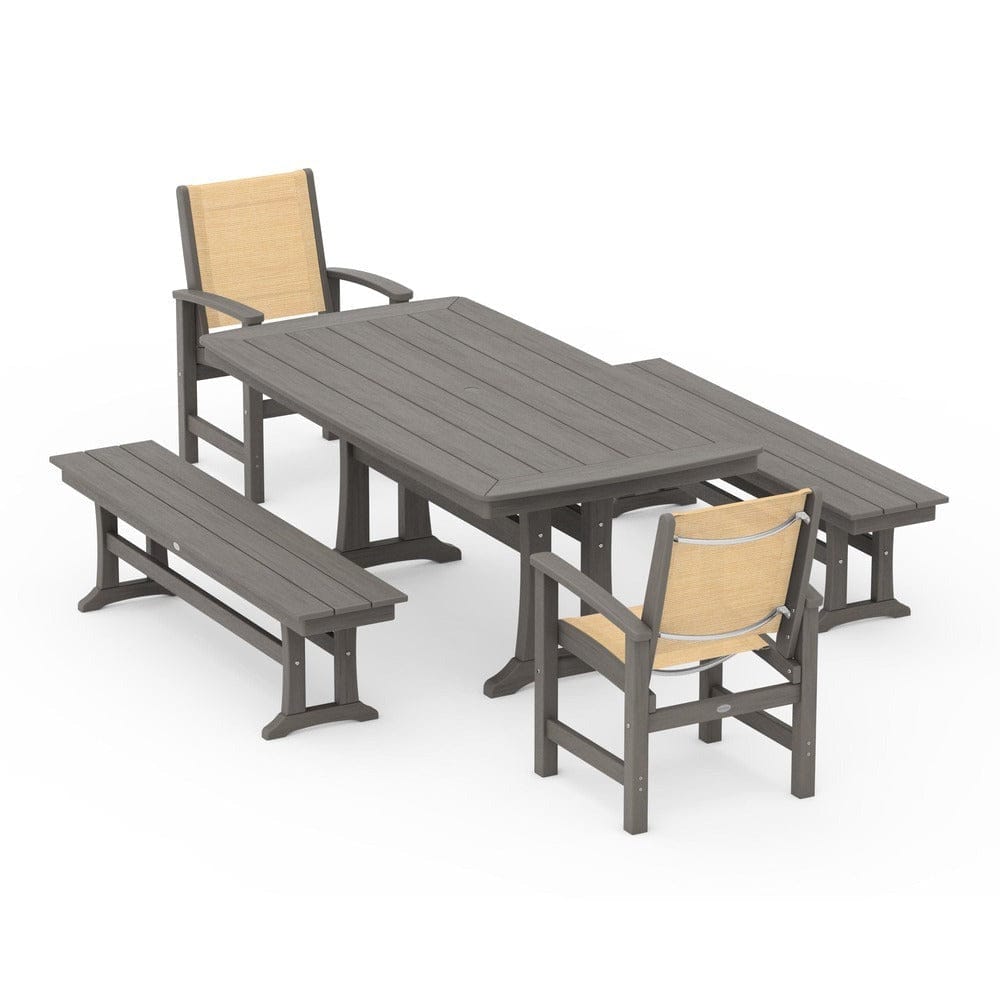 POLYWOOD® Outdoor Furniture POLYWOOD® - Coastal 5-Piece Dining Set with Trestle Legs and Benches - PWS1036