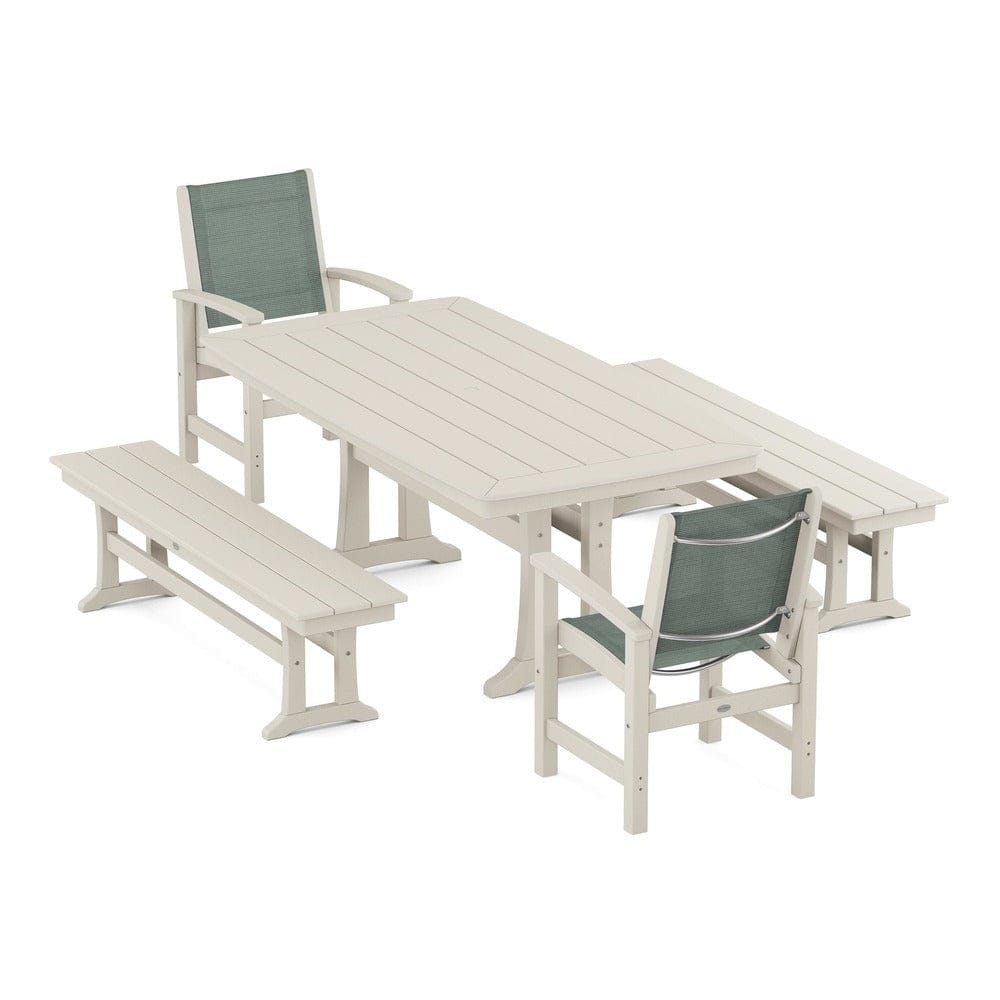 POLYWOOD® Outdoor Furniture Sand / Dupioni Sea Mist Sling POLYWOOD® - Coastal 5-Piece Dining Set with Trestle Legs and Benches - PWS1036