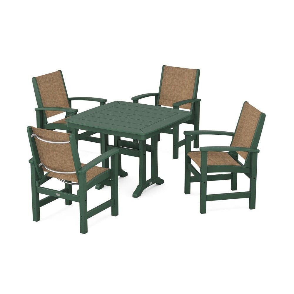 POLYWOOD® Outdoor Furniture Green / Burlap Sling POLYWOOD® - Coastal 5-Piece Dining Set with Trestle Legs - PWS966