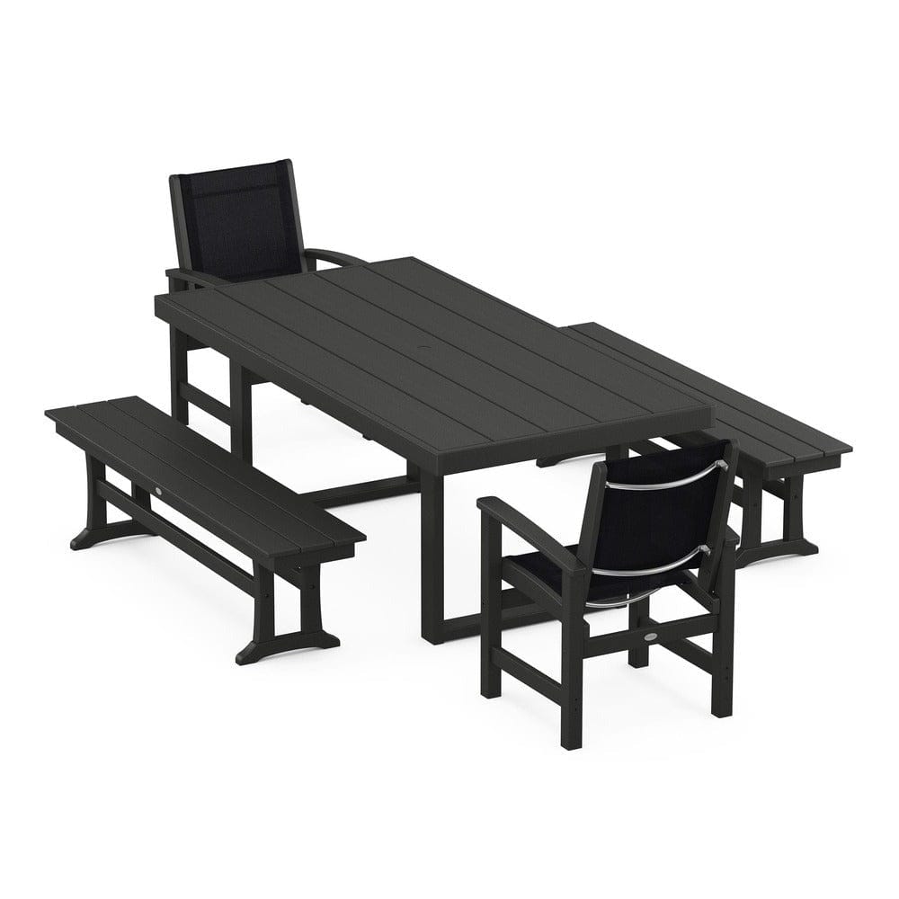 POLYWOOD® Outdoor Furniture Black / Black Sling POLYWOOD® - Coastal 5-Piece Dining Set with Trestle Legs - PWS870