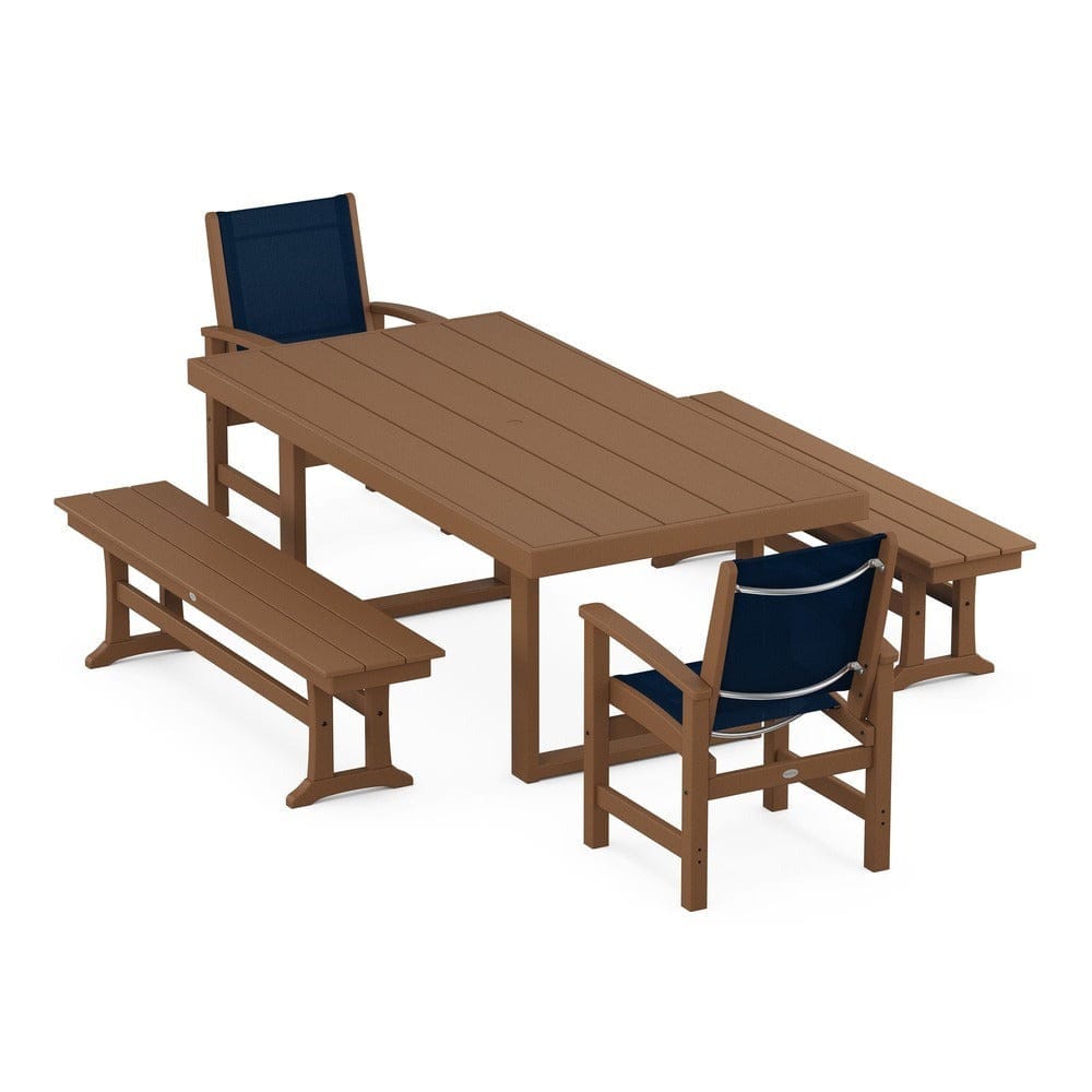 POLYWOOD® Outdoor Furniture Teak / Navy Blue Sling POLYWOOD® - Coastal 5-Piece Dining Set with Trestle Legs - PWS870
