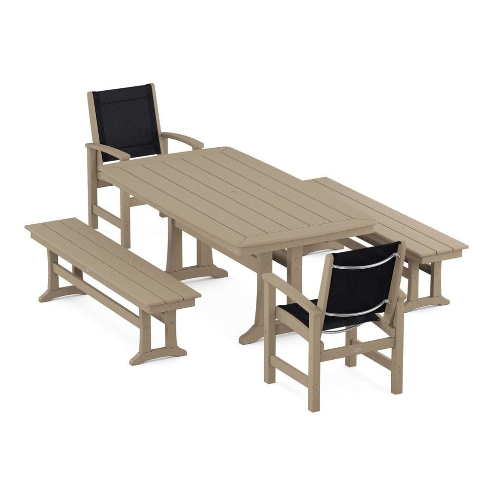 POLYWOOD® Outdoor Furniture POLYWOOD® - Coastal 5-Piece Dining Set with Trestle Legs and Benches - PWS1036