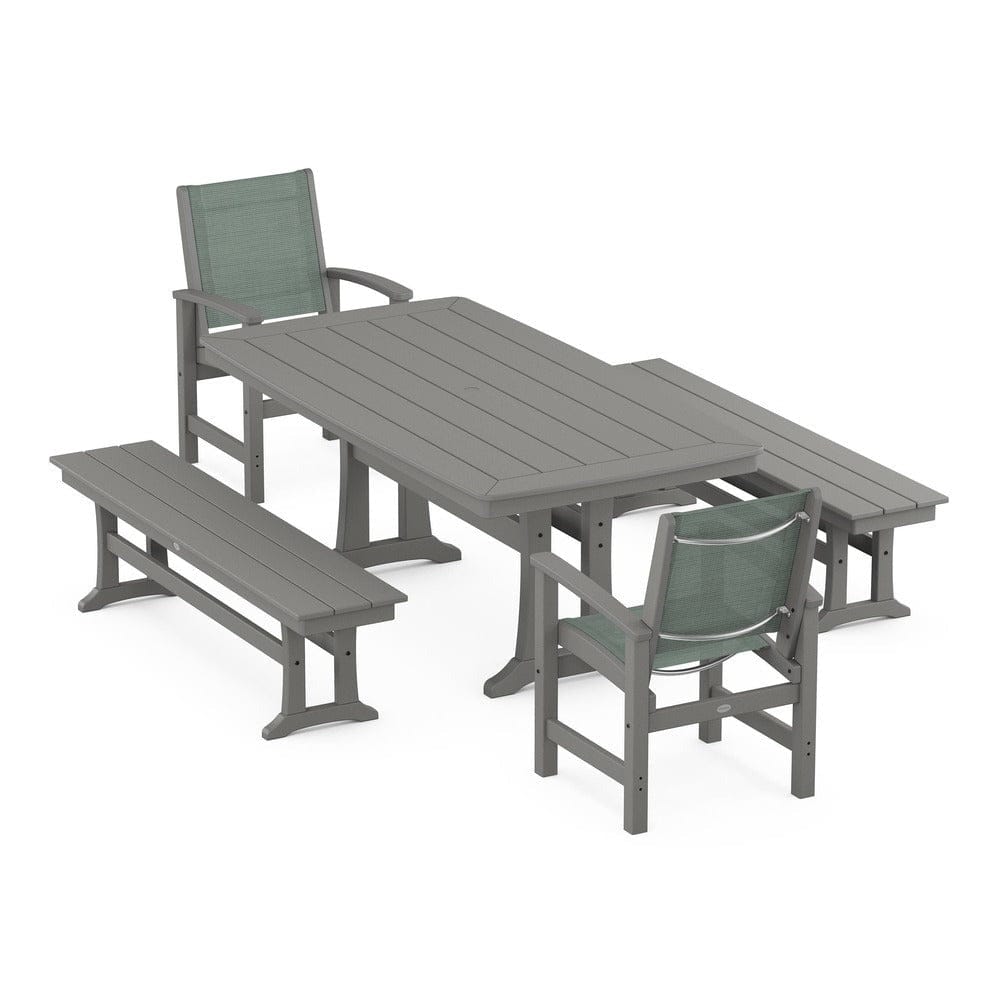POLYWOOD® Outdoor Furniture Slate Grey / Dupioni Sea Mist Sling POLYWOOD® - Coastal 5-Piece Dining Set with Trestle Legs and Benches - PWS1036