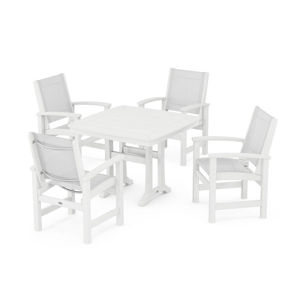 POLYWOOD® Outdoor Furniture White / White Sling POLYWOOD® - Coastal 5-Piece Dining Set with Trestle Legs - PWS966