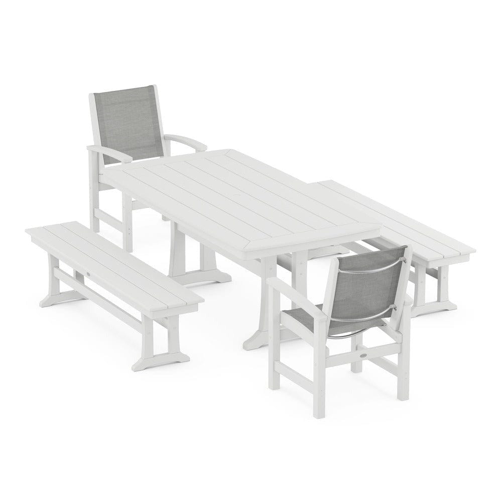 POLYWOOD® Outdoor Furniture White / Metallic Sling POLYWOOD® - Coastal 5-Piece Dining Set with Trestle Legs and Benches - PWS1036
