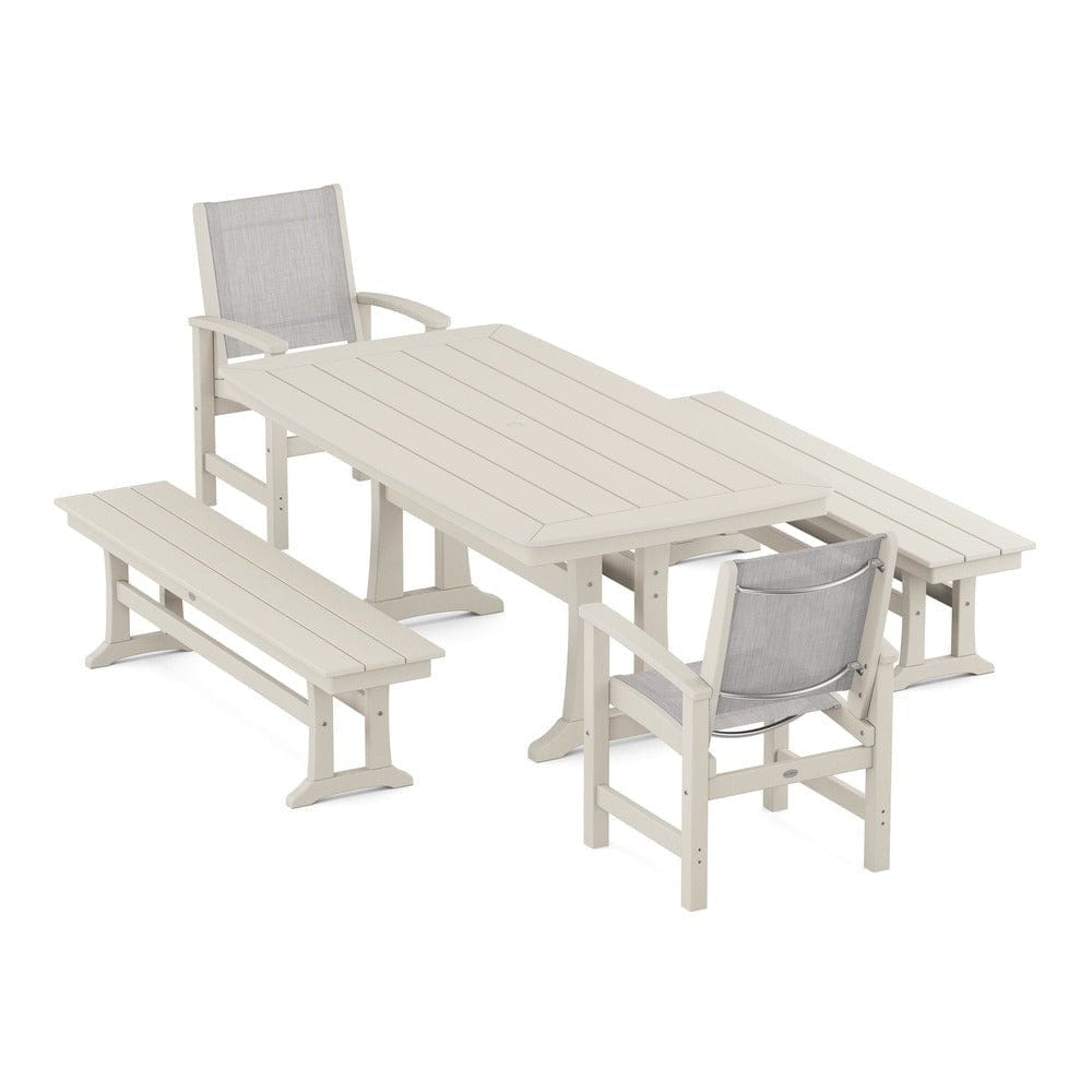 POLYWOOD® Outdoor Furniture Sand / Parchment Sling POLYWOOD® - Coastal 5-Piece Dining Set with Trestle Legs and Benches - PWS1036