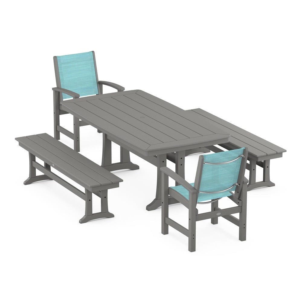 POLYWOOD® Outdoor Furniture Slate Grey / Dupioni Aquamarine Sling POLYWOOD® - Coastal 5-Piece Dining Set with Trestle Legs and Benches - PWS1036