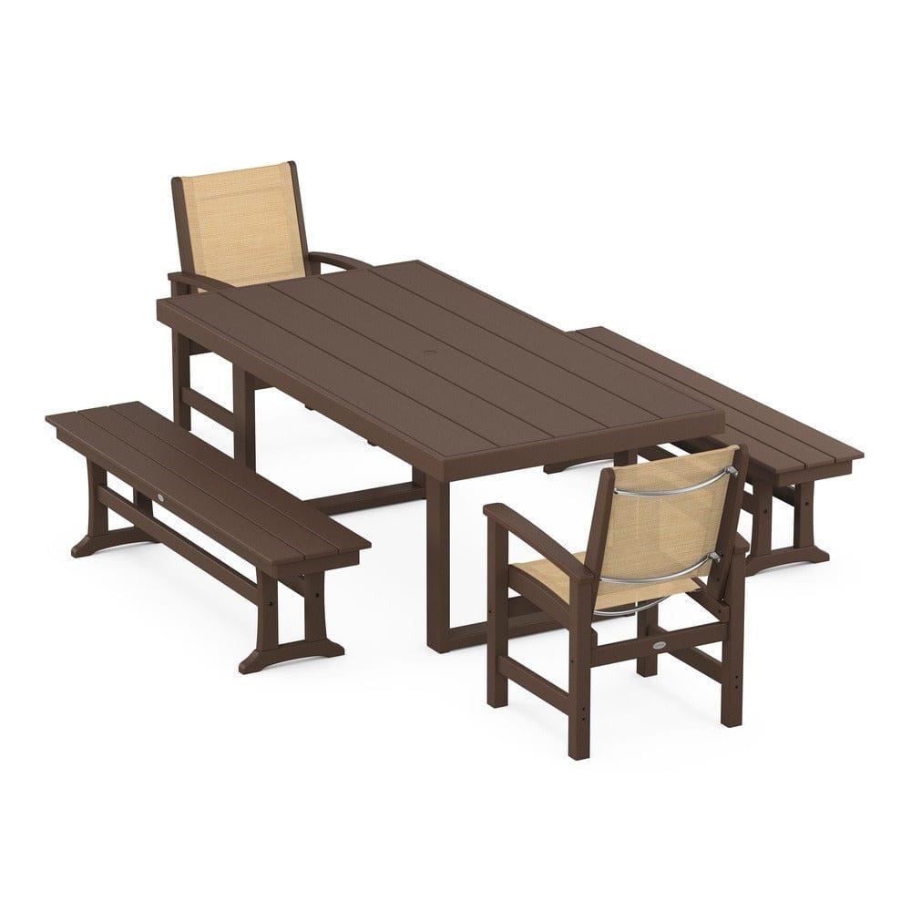 POLYWOOD® Outdoor Furniture Mahogany / Dupioni Apricot Sling POLYWOOD® - Coastal 5-Piece Dining Set with Trestle Legs - PWS870