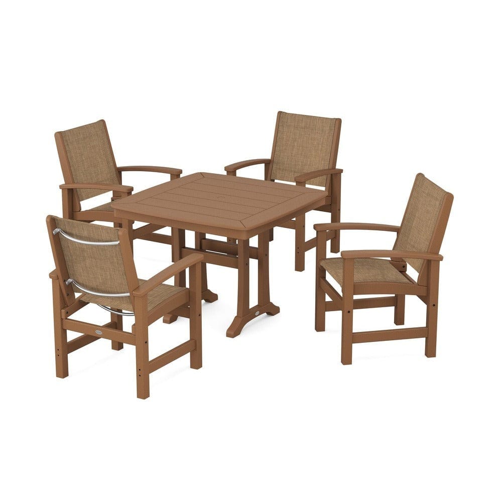 POLYWOOD® Outdoor Furniture Teak / Burlap Sling POLYWOOD® - Coastal 5-Piece Dining Set with Trestle Legs - PWS966