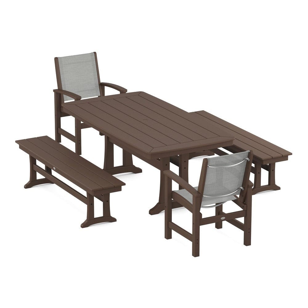 POLYWOOD® Outdoor Furniture Mahogany / Metallic Sling POLYWOOD® - Coastal 5-Piece Dining Set with Trestle Legs and Benches - PWS1036