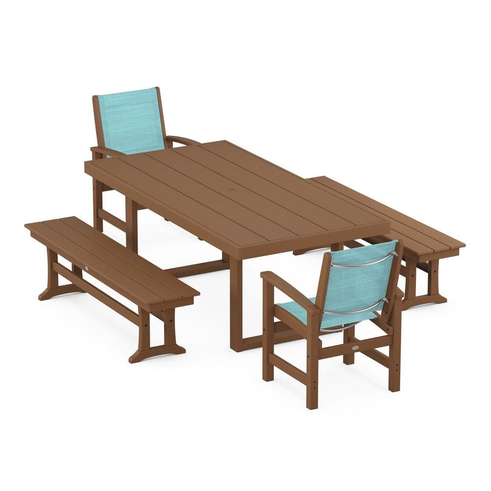 POLYWOOD® Outdoor Furniture Teak / Dupioni Aquamarine Sling POLYWOOD® - Coastal 5-Piece Dining Set with Trestle Legs - PWS870