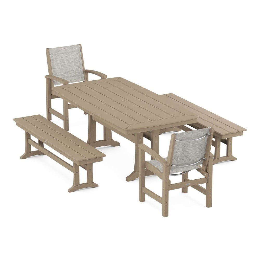 POLYWOOD® Outdoor Furniture Vintage Sahara / Birch Sling POLYWOOD® - Coastal 5-Piece Dining Set with Trestle Legs and Benches - PWS1036