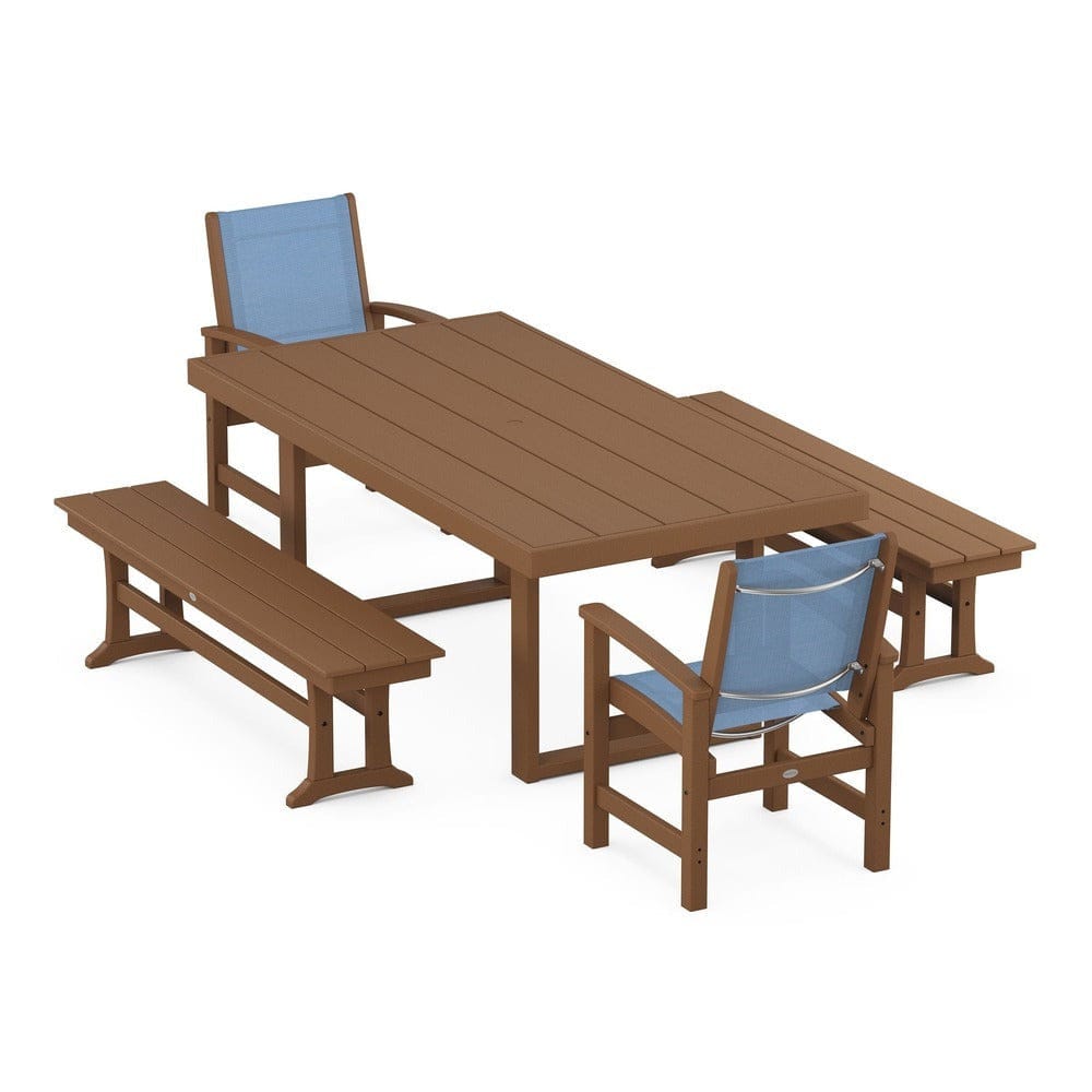 POLYWOOD® Outdoor Furniture Teak / Poolside Sling POLYWOOD® - Coastal 5-Piece Dining Set with Trestle Legs - PWS870