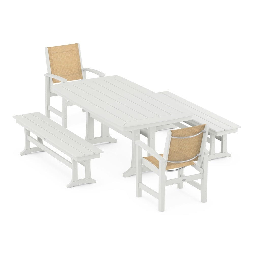 POLYWOOD® Outdoor Furniture POLYWOOD® - Coastal 5-Piece Dining Set with Trestle Legs and Benches - PWS1036