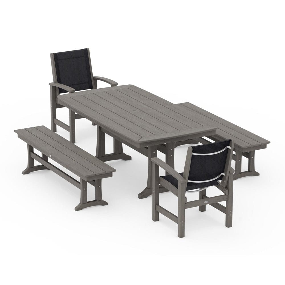 POLYWOOD® Outdoor Furniture POLYWOOD® - Coastal 5-Piece Dining Set with Trestle Legs and Benches - PWS1036