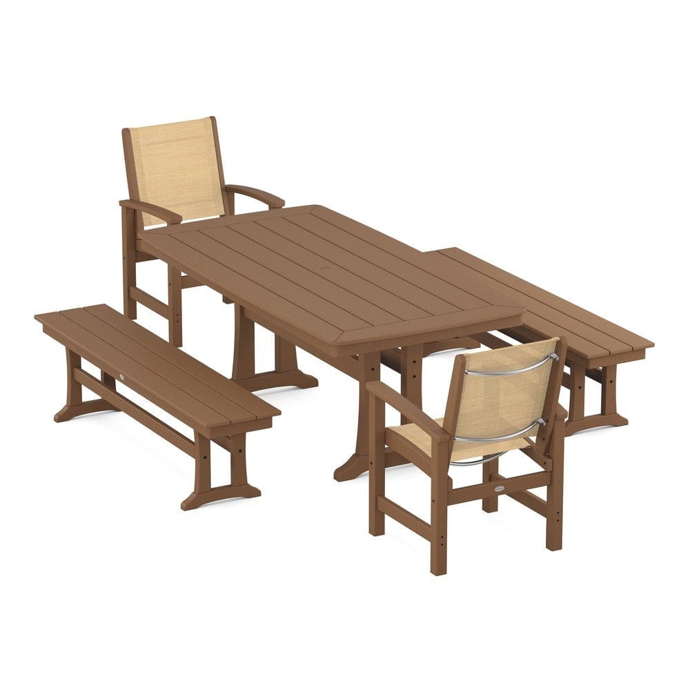 POLYWOOD® Outdoor Furniture Teak / Dupioni Apricot Sling POLYWOOD® - Coastal 5-Piece Dining Set with Trestle Legs and Benches - PWS1036