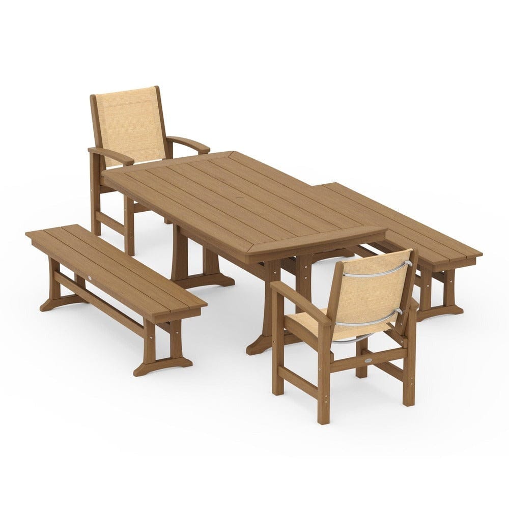 POLYWOOD® Outdoor Furniture POLYWOOD® - Coastal 5-Piece Dining Set with Trestle Legs and Benches - PWS1036